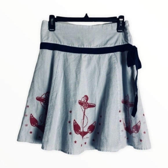 Ec Star Womens Small Skirt Blue White Striped Red Anchors Bow Retro Pinup - Picture 1 of 3